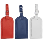 Three coloured luggage tags in red, blue, and white, featuring a secure strap and a silver buckle, with an embossed logo.