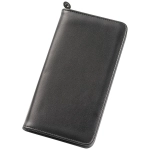 A sleek black travel wallet with a smooth finish, featuring a discreet logo and a zip closure.