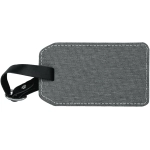 A grey luggage tag with a textured surface and a black strap for attachment. It includes a logo.