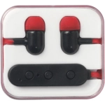 Bluetooth earbuds in black and red packaging, featuring a control panel with buttons. Includes a logo on the packaging.