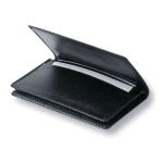 A black business card holder with an open design and a slot for holding cards. It features a sleek and professional look.