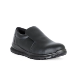 A black microfibre shoe with a slip-on design and a sturdy sole. The shoe features a sleek finish and has a logo.