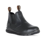 A black safety boot with elastic sides, featuring a logo tag, designed for durability and comfort.