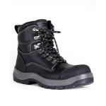 A black lace-up safety boot featuring a steel toe, rugged sole, and branding on the side.