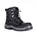 A black safety boot with a lace-up design, featuring a padded collar and a protective toe cap. It has a logo.