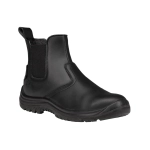 A black elastic-sided safety boot with a rubber sole, featuring a logo on the side and textured panels.