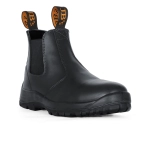 A black soft toe boot with elastic side panels and pull tabs, featuring a rubber sole and a logo on the pull tabs.