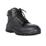 A black safety boot with sturdy laces and reinforced toe, featuring a rugged sole and ankle support.