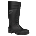 A black rubber boot featuring a textured design and reinforced toe, with a logo on the side.