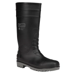 A black waterproof boot with a grey sole, featuring a logo. Designed for durability and functionality.