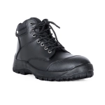 A black lace-up safety boot with a robust design and sturdy sole, featuring metal eyelets and a padded collar.