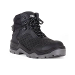 A black waterproof boot featuring a rugged design, sturdy sole, and textured mesh upper, with branding visible.