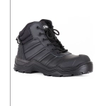 A black safety boot featuring a rugged design, padded collar, and reinforced toe. It includes a logo on the side.