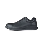 A black soft toe sneaker featuring a sleek design and textured detailing, with a logo present on the shoe.