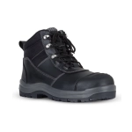 A black safety boot with reinforced toe, grey stitching, and a textured upper, featuring a logo on the side.