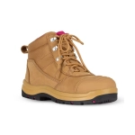 A wheat and pink safety boot with laces, featuring a sturdy sole and a logo on the side.