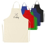 Cotton aprons in cream, red, green, blue, and black, featuring a logo and a pocket at the front.