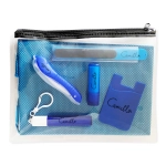 A clear travel pouch containing blue personal care items, including a drink bottle, a nail file, and other accessories.
