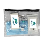 A clear pouch containing a face mask, sanitising wipes, and additional health items, featuring a logo.