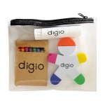 A clear pencil case containing coloured markers, a glue stick, and a multi-coloured character figure, all featuring a logo.