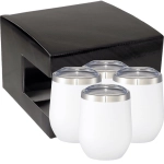 A gift box containing four white drinkware tumblers with silver lids, packaged in a sleek black box.