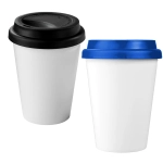 A drink bottle set featuring two 350ml insulated tumblers in white with black and blue lids, both with branding.