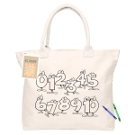 A cream reusable grocery bag with cartoon numbers and an attached tag, featuring a logo, crayons, and a colouring booklet.