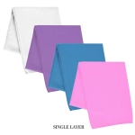 Four cooling towels in white, purple, teal, and pink, displayed in a folded position with a branded logo present.