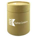 A cylindrical cardboard tube in a natural brown colour with a logo on the surface.
