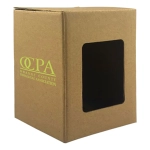 A large brown cardboard gift box with a transparent window and a logo on the side.