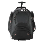 A black wheeled backpack with multiple compartments and a retractable handle. Features a logo on the front.