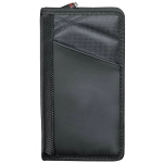 A black travel wallet with a zip closure, featuring a textured design and a logo.