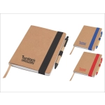 A set of three notepads with kraft covers, featuring black, blue, and red accents, each accompanied by a matching pen.