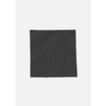 A swatch of dark grey fabric with a textured finish, featuring a zigzag edge. It has a branding logo.