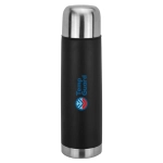A drink bottle featuring a sleek black body and a stainless steel lid, with a logo on the front.