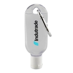 A clear 30ml gel hand sanitiser with a carabiner, featuring a branding logo.