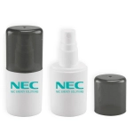 A 30ml hand sanitiser spray in a white bottle with a grey cap, featuring a branding logo.