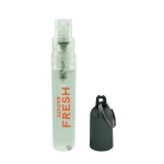 A clear 5ml hand sanitiser spray with a transparent cap and silver key ring, featuring a logo.
