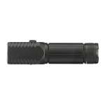 A black LED torch with a textured grip and a rotating end for focus adjustment, featuring a branding logo.