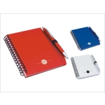A red notepad with a pen, spiral-bound, alongside blue and white variants, featuring a logo.