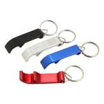 A drink bottle opener key ring set in black, silver, blue, and red, featuring a keyring attachment.
