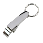 A drink bottle opener key ring in a shiny silver colour with a smooth, sleek design. Includes a circular key ring attachment.