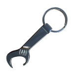 A drink bottle opener key ring in silver, shaped like a spanner, with a key ring attachment.