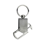 A drink bottle opener key ring in silver metal with a sleek design and attached keyring.