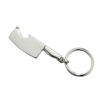 A drink bottle opener keyring shaped like a cleaver, featuring a silver metallic finish and a keyring attachment.