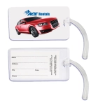 A luggage tag featuring a red car design and a clear backing for personal information, with a logo.