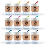 A collection of reusable coffee cups with cork bands and colorful straws in various colors arranged in a grid pattern.