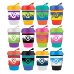 A collection of reusable coffee cups in various colors, featuring silicone bands and logo designs.