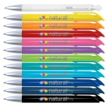 A collection of plastic pens in various colors, featuring silver tips and clips, with logos on each pen.