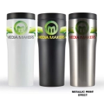 A drink bottle in three colors: white, black, and metallic silver, each with a logo on the front.